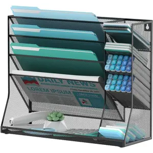 Wall File Organizer, 5-Tier Desk Organizer with 4 Pen Slots, Vertical Hanging Wall File Folder Holder with R-shaped Bottom Tray, Mesh Mail Holder Desk Organization for Office, Black