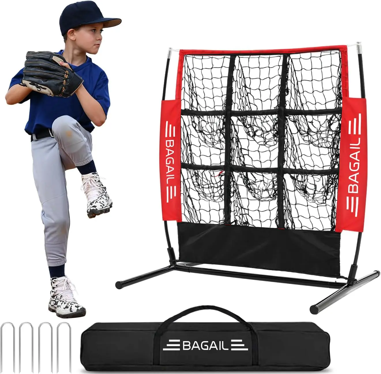 BAGAIL 9 Hole Pitching Net, Baseball Softball Accuracy Training Target 3-min Setup, Heavy-Duty Frame, 8-Ply Reinforced Net, Indoor & Outdoor Throwing Practice, Include Carry Bag & Ground Stakes