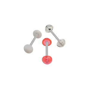 Acrylic Half Ball Top & Bottom Tongue Retainer Ring Barbell 14 Gauge Surgical Steel 14mm 9/16" Pink White Clear Pack of 3