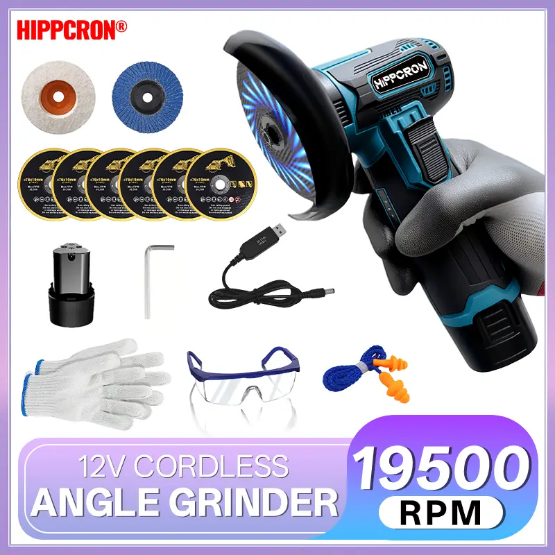 HIPPCRON 2026 Newest 12V Brushless Angle Grinder (Angle Grinding Machine) - Rechargeable Grinding Tool with Batteries, Charger, Cordless Operation for Wood Polishing, DIY Welding Prep