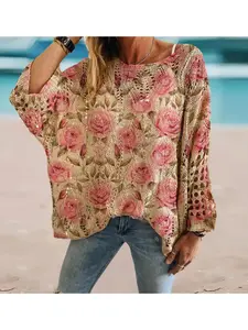 Spring and summer round neck diamond hollow batwing sleeve knitted top, loose vacation-style cover-up with floral print, casual and elegant, versatile for commuting.