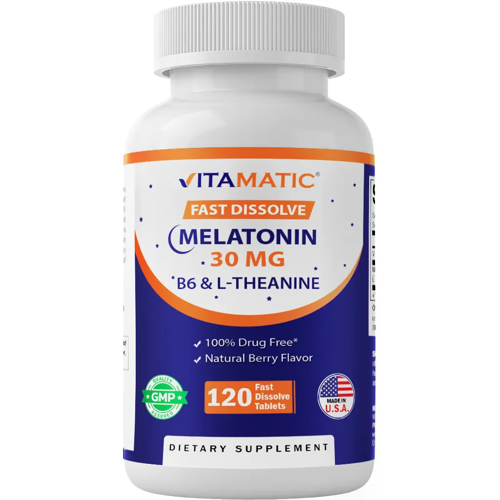 Vitamatic Melatonin 30mg Dietary Supplement for Adults, with B6 & L-Theanine, Gluten-Free, No Preservatives/Artificial Flavors, US-Made Sleep Aid, 120 Natural Berry Fast-Dissolve Tablets (2-Tablet Dose=60mg)