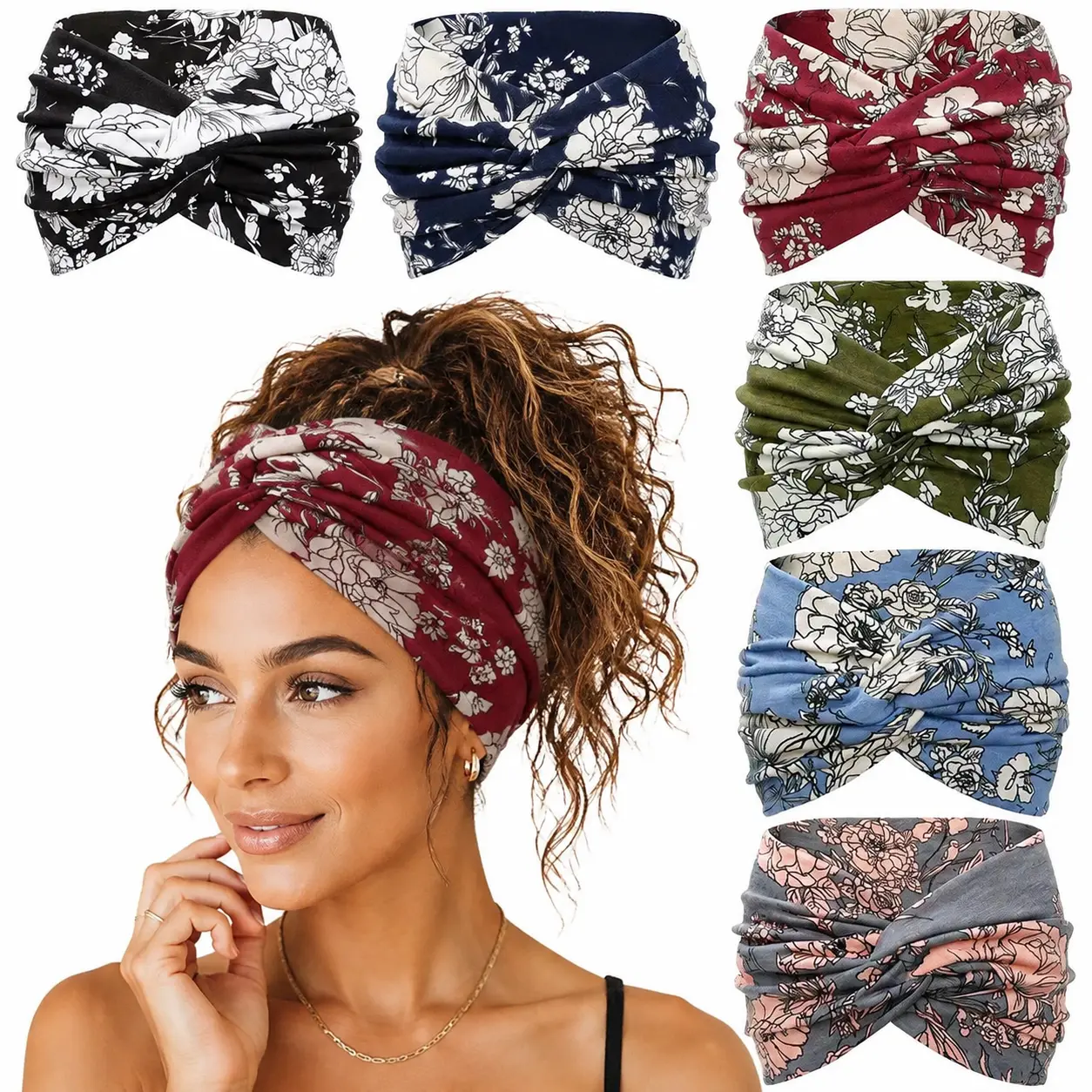 6 Pack Floral Wide Headbands for Women, Boho Twist Knot Turban Hair Wraps, Extra Wide Soft Stretch Non Slip Headbands for Yoga, Running, Workout & Everyday Styling, Cute Fashion Hair Accessories