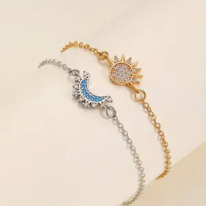 2 Pcs Sun Moon Bracelet Set Stackable Bracelet for Women Men Sparkling Gold Sun Ring/Blue Moon Bracelet Couple Bracelet Matching Bracelet as Friendship Best Friend Jewelry for Women Men