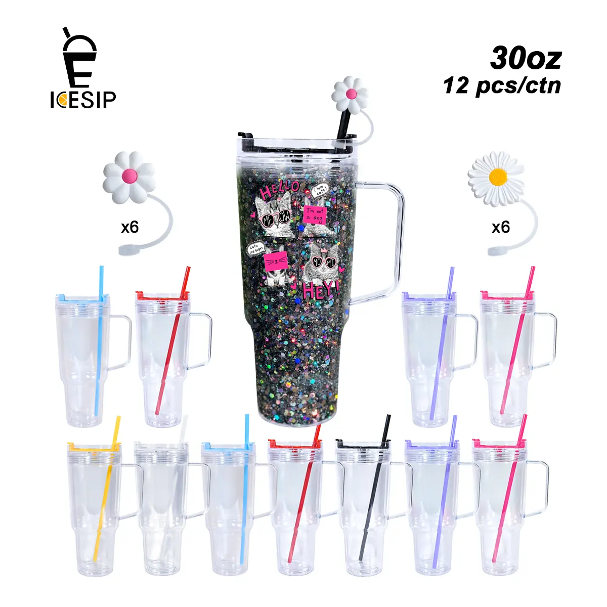 ICESIP 30oz Portable Double-Wall Acrylic Snow Globe Cups (12pcs/Carton) - Large Plastic Party Activity Supplies, Plastic Tumblers with Coloring Lids, Straws & Silicone Straw Toppers, Cover, With Straw