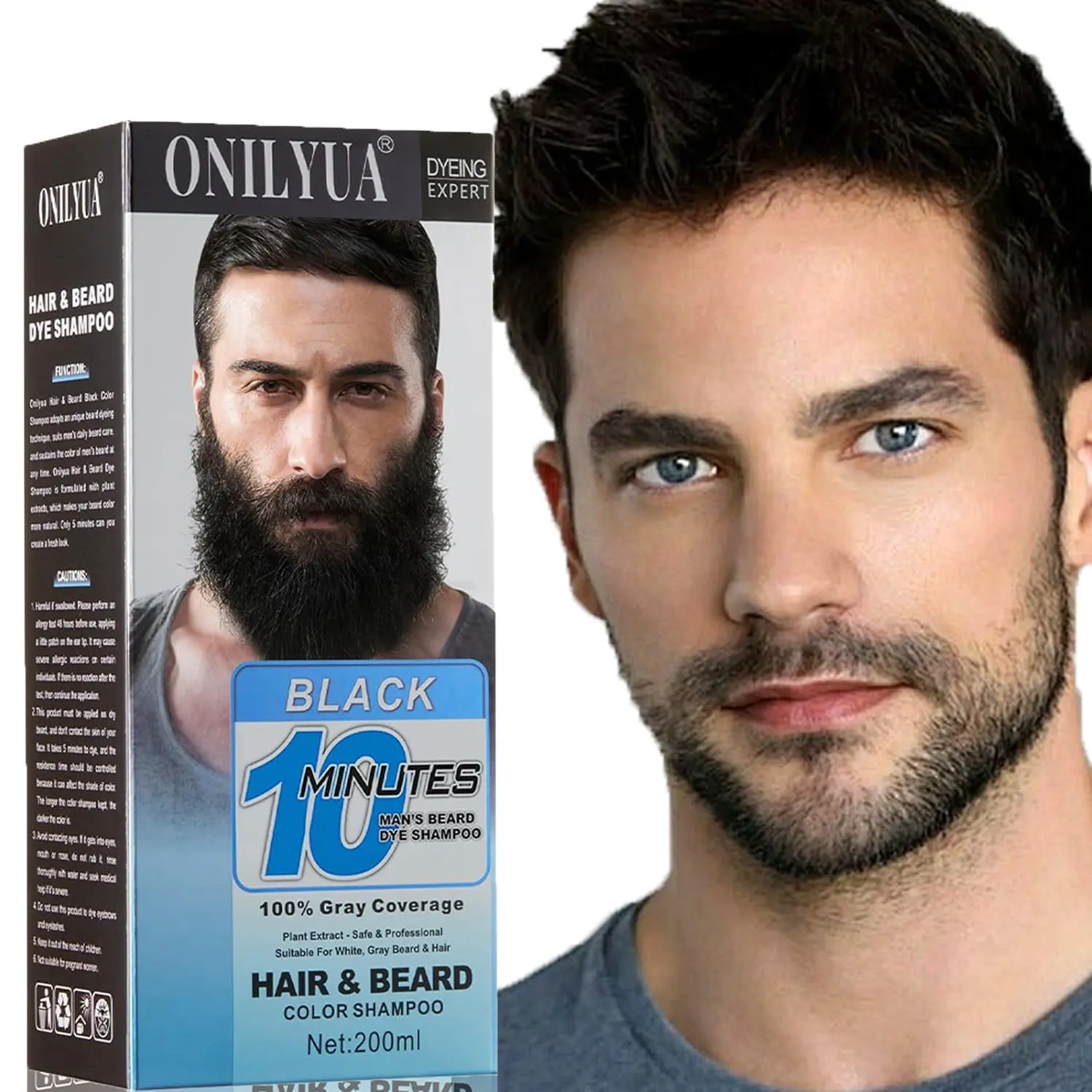 Hair Dye shampoo for Men Black Quick Facial Hair Dye, Beard & Mustache Hair Color Care, Semi-permanent Hair Color,Natural Aroma 3-in-1 Cover Gray Hair, Long lasting for 4 Weeks, 200ML