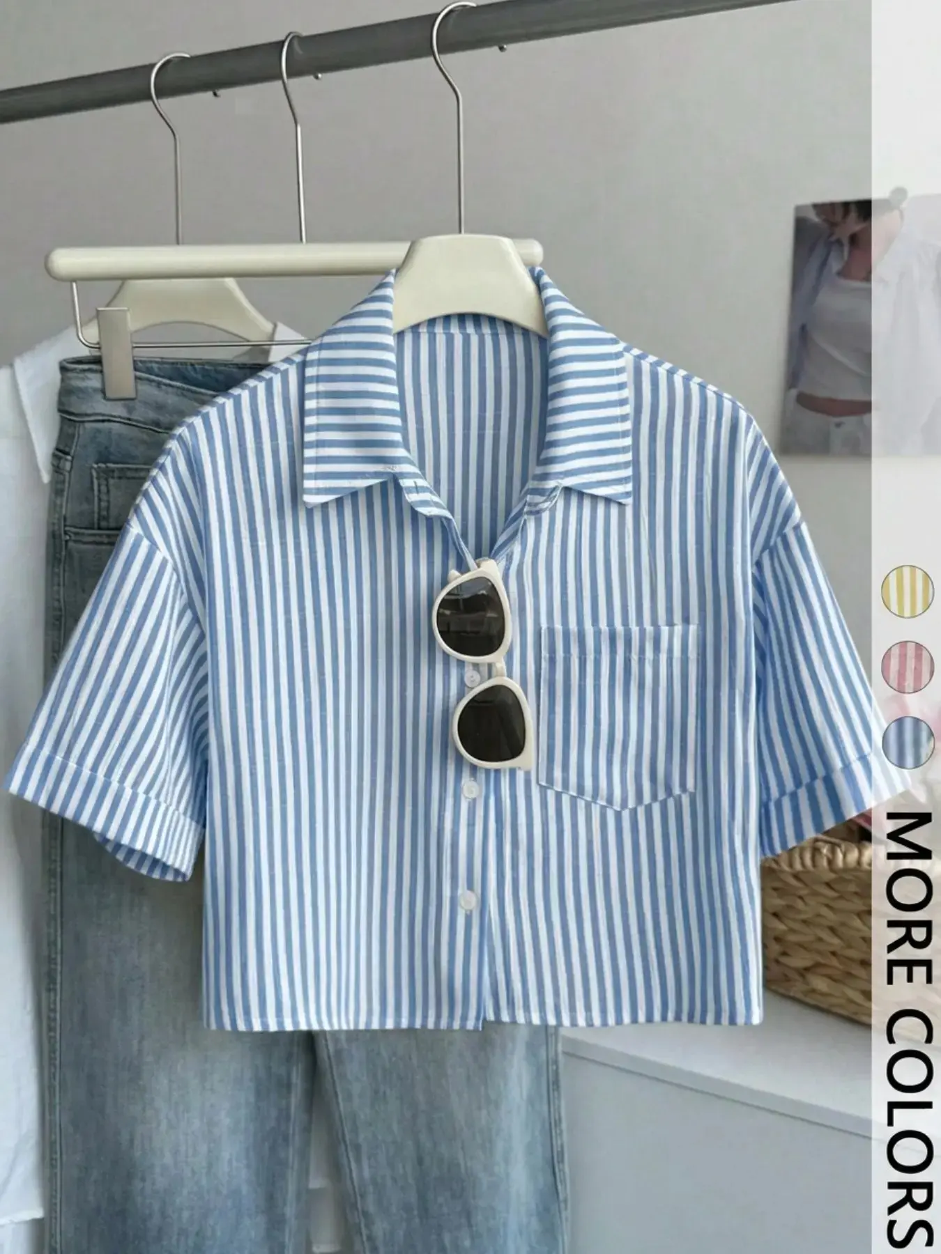 Women's Striped Print Casual Fitted Collared Button Front Fitted Shirt Blouses, Casual Short Sleeve Top for Summer, Ladies Clothes for Everyday Wear Womenswear