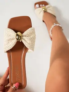 Boho Square Toe Daily Wear Sandals for Women, Textile Material, Plain Pattern, Medium Width, All Seasons, Rubber Sole, Casual Style, Summer