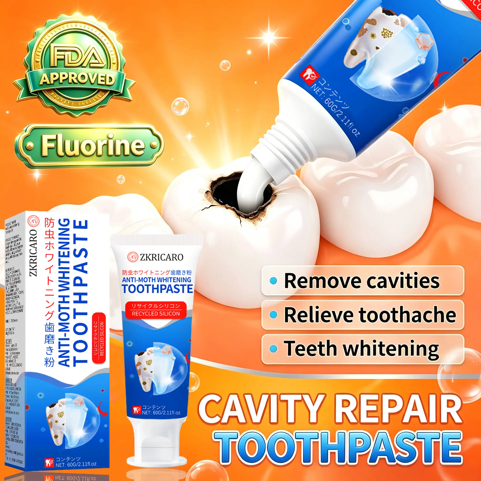 ZKRICARO ANTI MOTH WHITENINGTOOTHPASTE Intensive Cavity Shield & Advanced Enamel Repair Fluoride Gel, Pain Free Whitening, Deep Stain Removal Serum, 60g Oral Antibacterial Daily Gentle Herbal Mint, Smile Upgrade, Smooth Mint Toothpastes