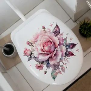 A creative pink glitter rose flower spring toilet sticker, bathtub sticker, bathroom and restroom decorative background wall sticker (30*30cm) (M16534-KX) Bathroom Accessories