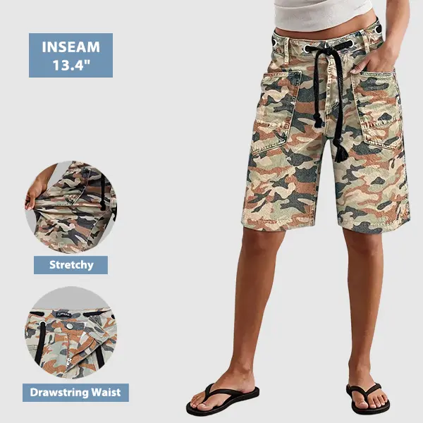 Flamingals Camo Print Patch Pocket Eyelet Drawstring High Rise Bermuda Shorts Womenswear Stretchy 13.4" Inseam