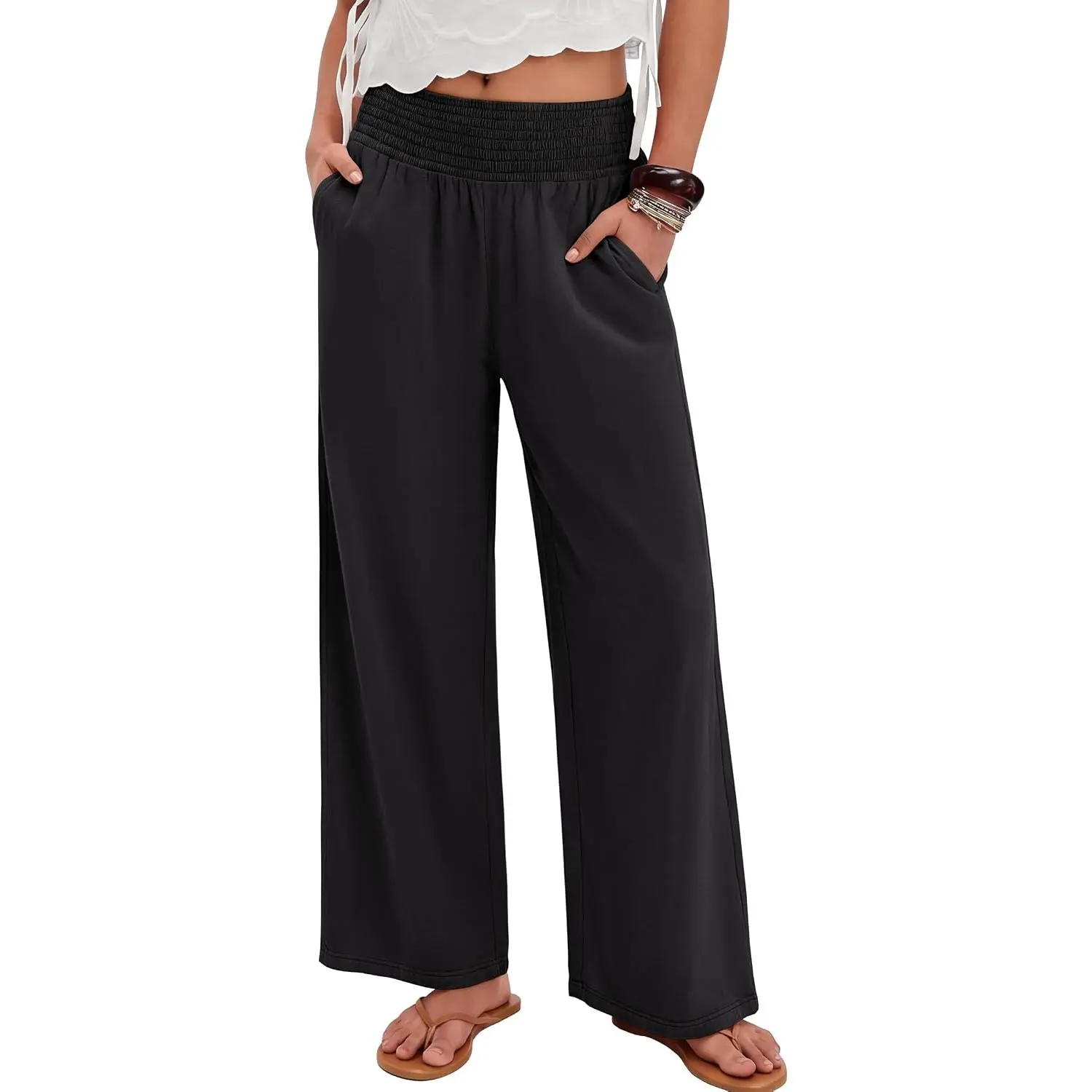 ANRABESS Womens Wide Leg Palazzo Pants with Pockets | Smocked High Waist Flowy Boho Trousers, Lightweight Soft Knit Fabric, Beach Vacation Lounge Casual Wear, Summer Fall
