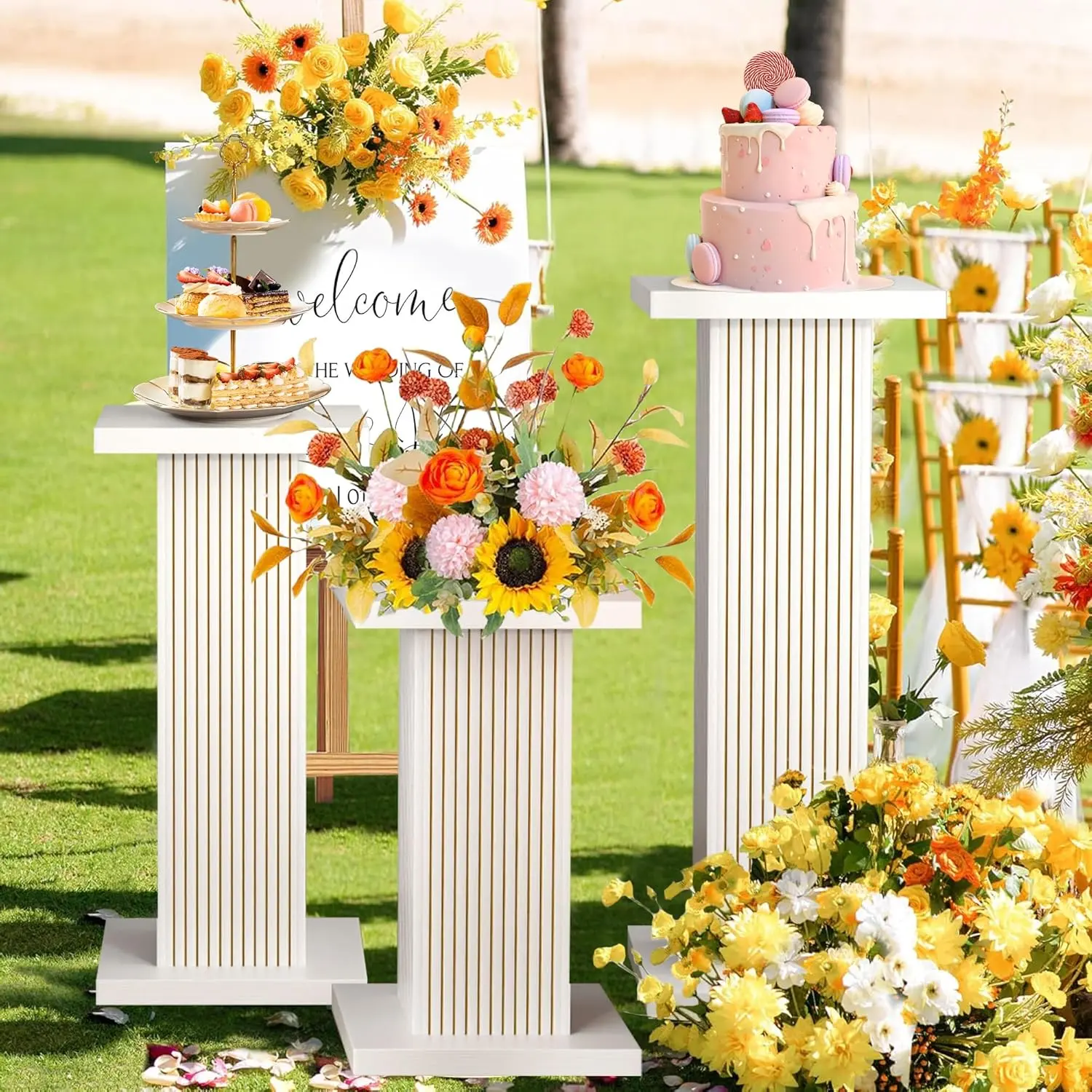 3PCS Square Pedestal Stand Set for Party Decor, Wood Display Plinth Stands for Wedding Birthday Baby Shower Events, Fluted Display Pillars for Dessert Table, Plant Stand, Home Decoration Display Stand