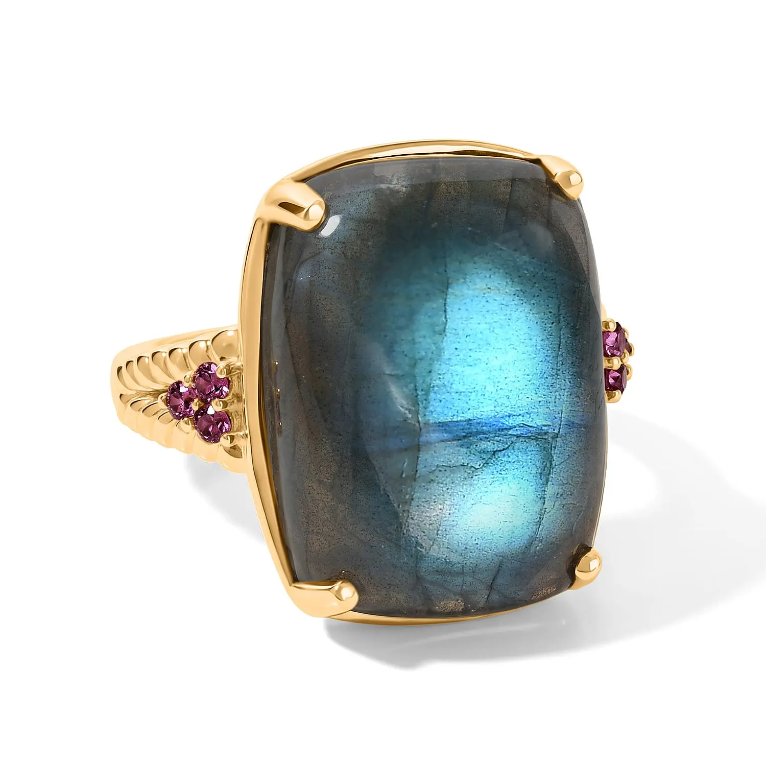 EverTrue AAA Malagasy Labradorite, Lotus Garnet Ring in 18K YG Plated (Size 7.0) 19.70 ctw