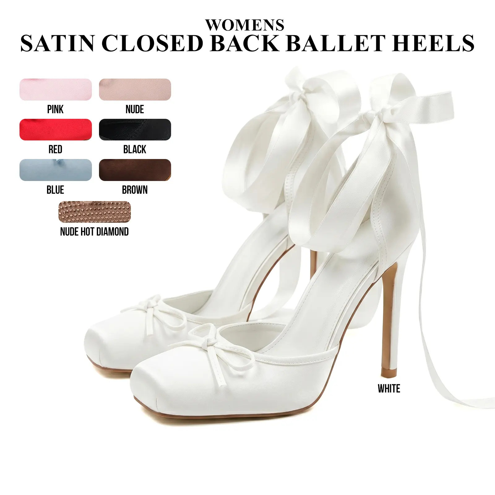 CYNLLIO Womens Satin Ballet Heels Closed-Back Pumps Bownot Ribbon Square Toe Elegant Lace Up Ballerina Stiletto Heel Ankle Strappy Mary Janes Slip On Comfy Wedding Party Casual Work Dating Outing Fashionable Dress Summer Heels Shoe