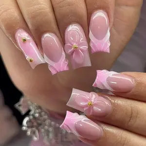 24pcs Medium Square French Gel Nails, Fake Nails, 3D Petal Design, Nail Art Design, Steel Bead Decor, Glossy Finish, Easy Wear Acrylic False Nails Set