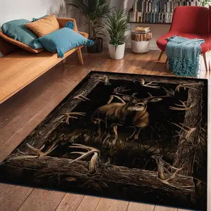 Vintage Style Deer Hunting Carpet, Camouflage Moose Rug, Country Cottage Design, Enhances Home Decor, Suitable for Living Room Bedroom, Animal Printed Rug, Decorative Area Rug