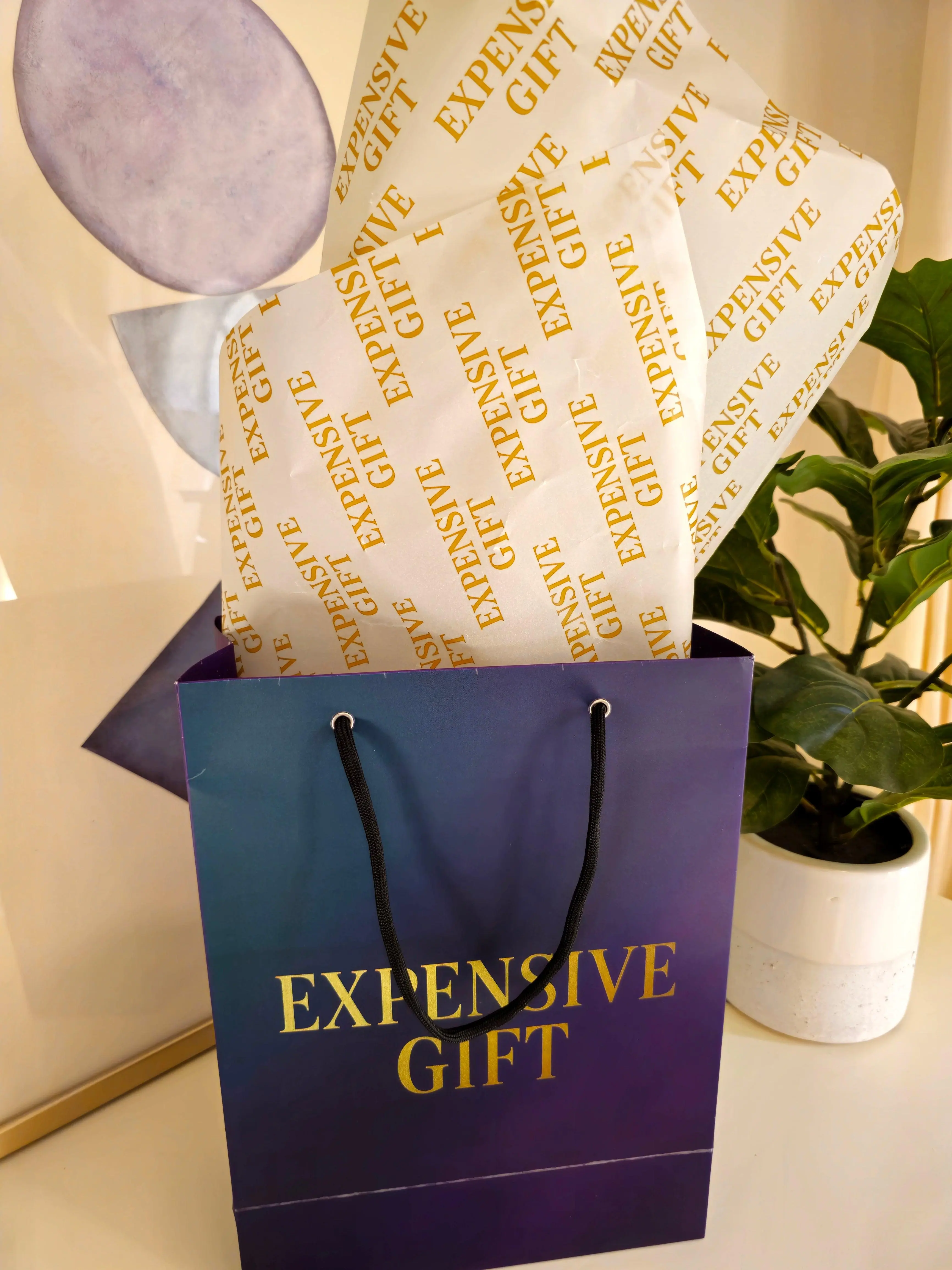 Expensive Gift Premium Tissue Paper Folded Sheets - Elegant White with Gold Print for High-End Gifting and Luxury Packaging, Sturdy Matte Texture, Fade-Resistant, Smooth Feed-Safe Ink, Recyclable