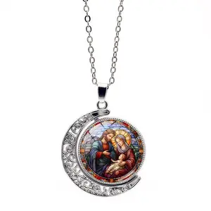 Jesus Mary Time Gem Double sided Rotating Moon Pendant Necklace Women's Accessories Retro Sweater Chain Small Gift, Jesus Necklace, Jesus carnelian necklace jewlery box kurapika chains handmade necklaces