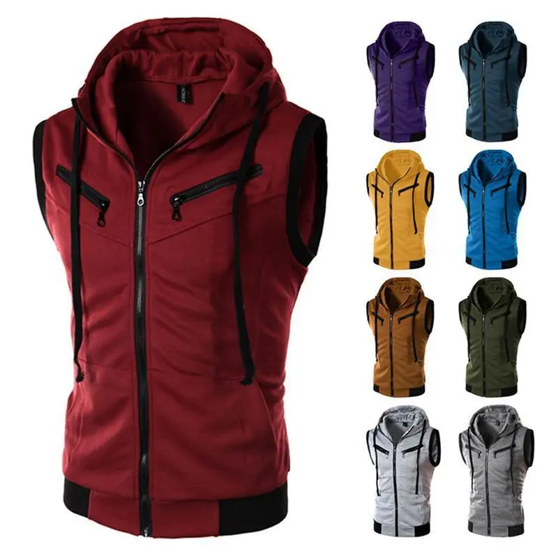 Men's Hooded Sleeveless Vest Solid Color Casual Slim Fit Formal Waistcoat Gilet