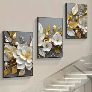 3pcs Optional wooden frame light luxury 3D gold foil Floral flower pattern art background wall canvas Decorative decoration frame Modern Home Decoration poster, holiday gift mural