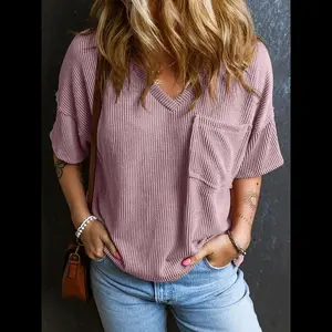 Women's Plain Textured Pocket V Neck Tee Casual Drop Shoulder Half Sleeve T-Shirt for Summer Ladies Clothes for Daily Wear Cute Tops Fit Style
