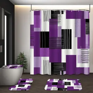 LVRLVR 4Pcs Purple Black Geometric Abstract Print Modern Minimalist Multi-Color Bathroom Decor Shower Curtain Set 70.8×70.8 Inch