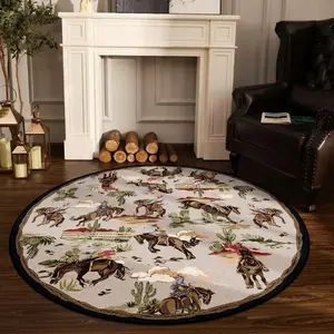 Western Cowboy Pattern Round Rug, Non-slip Soft Floor Mat, Washable Foldable Area Rug, Decorative Carpet for Home Living Room Bedroom, Animal Printed Rug