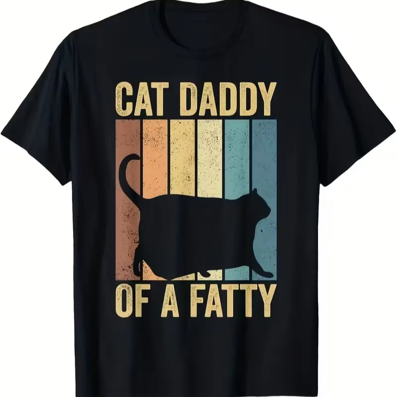 Women's Short-Sleeve Cotton T-Shirt, Funny 'Cat Daddy Of A Fatty' Retro Graphic Print, Casual Breathable Tee for Cat Lovers, Shortsleeve, Tshirt, Plump, Fitted, Furry, Casual Wear