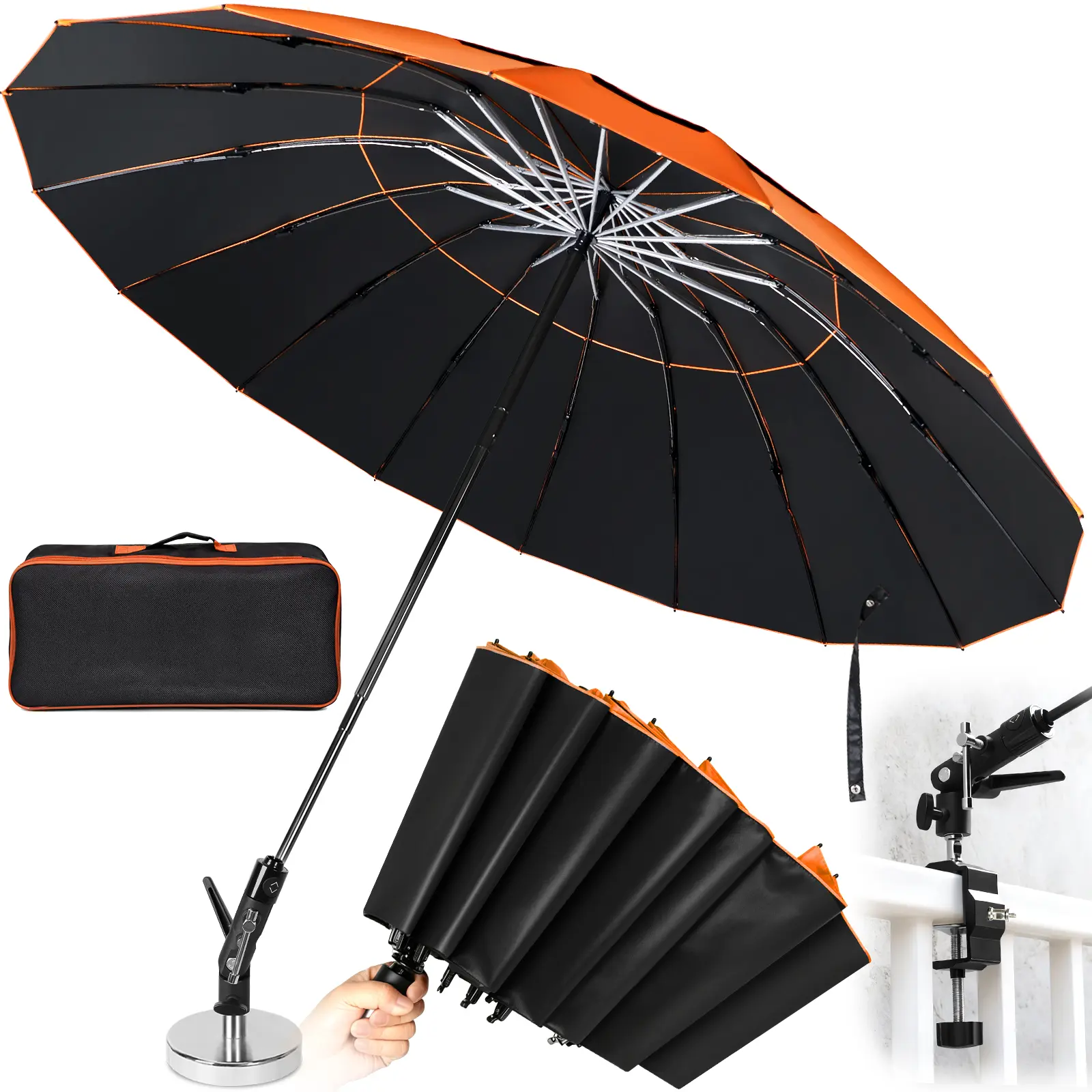 【Upgraded】60" Folding 16 Ribs Magnetic Umbrella,Designed for Outdoor Work,600lb Strong Suction Hvac Umbrella With Magnetic Base & Clamp,Inverted Ribs,2-in-1 Sun & Rain Protection,Portable for HVAC