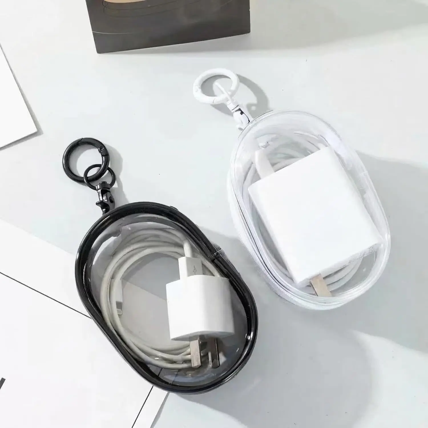 2 Pack Transparent Cable Organizer, Clear Travel Charger Case for Data Cords, USB Drives & Earbuds – Portable Electronics Storage Pouch with Zipper for Home, Office & Trip (Black & White)