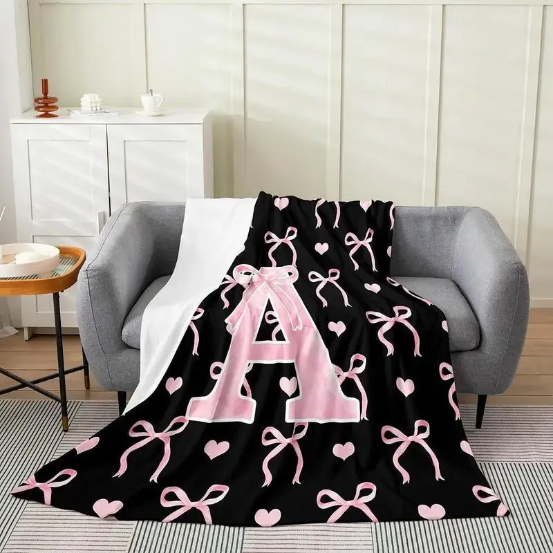Monogram initial letter (A–Z) flannel blanket throw, black and pink alphabet blanket, customized letter gifts for women and young girls, personalized soft blanket for bedroom bedding and office decoration, available in various sizes