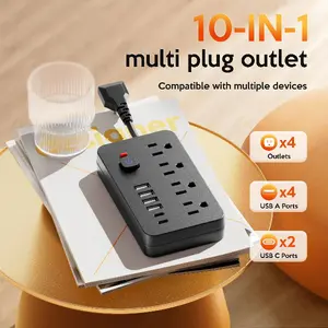 10-in-1 Power Strip with Switch & Surge Protection Multifunctional 4AC Outlets 4 USB & 2 Type-C Ports for Office Home Travel Wall Outlet Extender Multiple Sockets