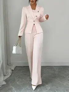 Women's Two-Piece Set Outfit Autumn Winter Casual Elegant Chic Minimalist Solid Color Suit Jacket Long Sleeve Slim Fit Button Front Top & Wide Leg Pants M2642