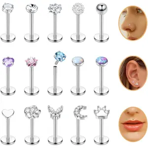 15PCS 16G 18G Stainless Steel Lip Studs for Women Internally Threaded Labret Lip Ring CZ Opal Flat Back Nose Rings Stud Cartilage Helix Tragus Earrings Piercing