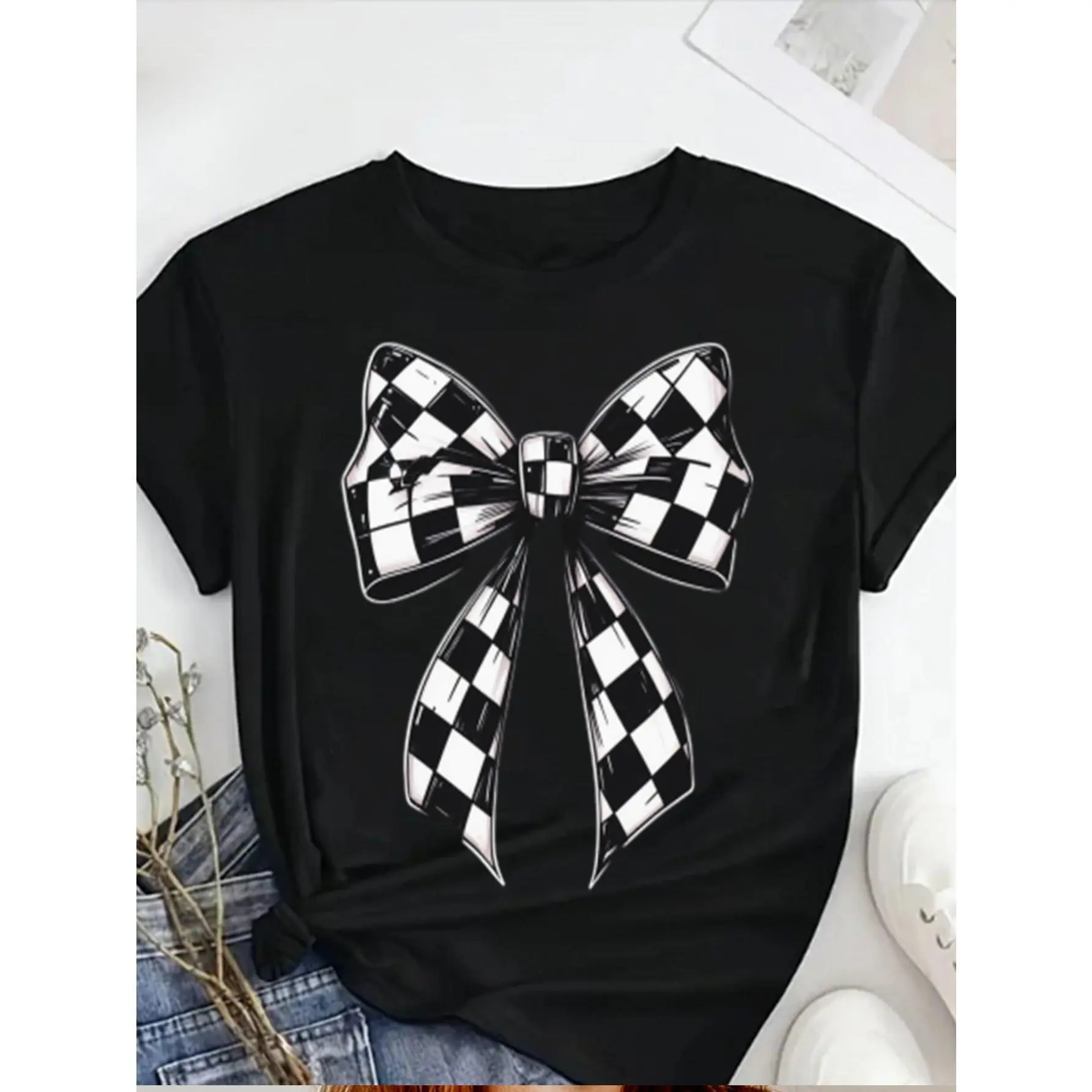 Women's 100% Cotton Oversized Short Sleeve Unisex T-Shirt - Black Casual Top with White Checkered Bow Print, Machine Washable Fabric for Spring Summer Fall, Mother's Day Gift Option