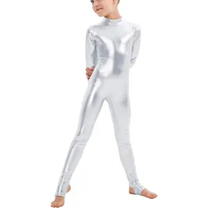 L-JLY027   Girls Shiny Metallic Mock Neck Unitard Long Sleeve Zipper Back One Piece Bodysuit Costume