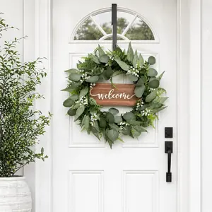 Gardenia Leaf Wreath Door Hanging, Spring Summer Farmhouse Welcome Sign, Artificial Flower Vine Circle Decor, Home Garden Wedding Party Gift Front Door Wreath