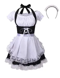 Women's Anime Cosplay U-niqueOff Shoulder French Apron Maid Fancy Dress Costume - Black Lace Outfit Cute plus size halloween Style cute fursuit