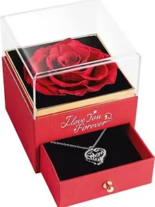 Rose Flower Box with Necklace Gift – Preserved Artificial Roses for Mother’s Day, Birthday, Anniversary – Personalized Gift for Girlfriend & Mom