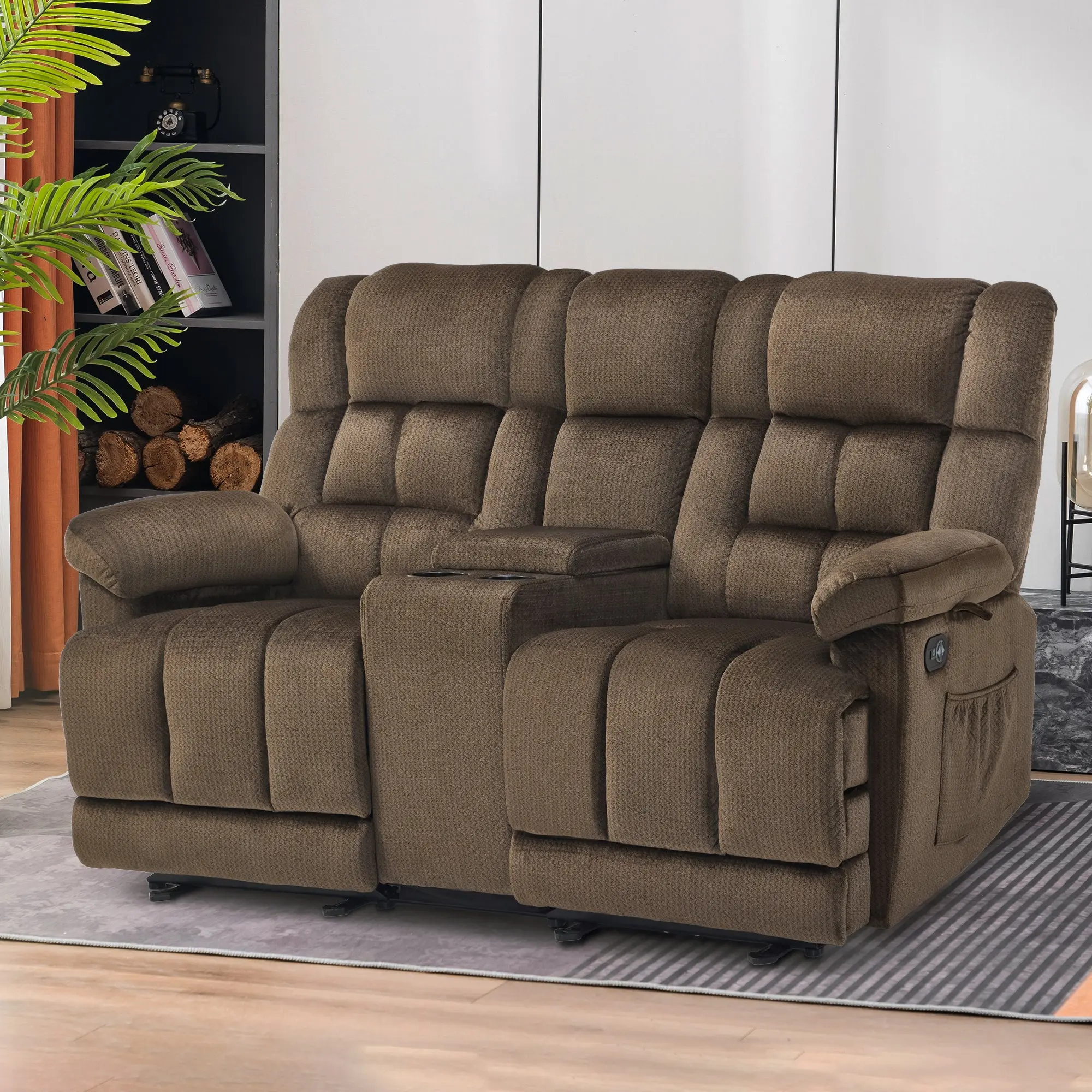 MCombo Power Reclining Loveseat with Console,  Heat and Massage, Fabric RS6234, Adjustable Reclining, Fabric Padded Chair