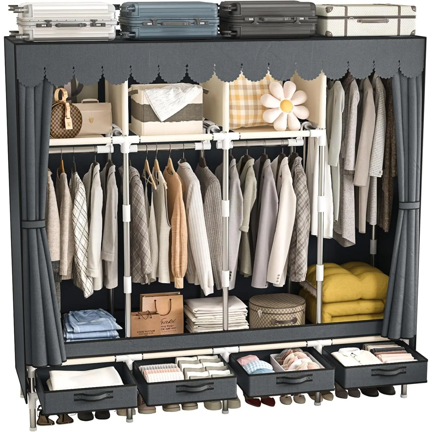 Large Portable Wardrobe with 4 Hanging Rods and Drawers, Armoire, Metal Storage Wardrobe Hangers, Upgraded Grey Non-Woven Dust Cover for Handing Closet,Large Closets for Bedroom