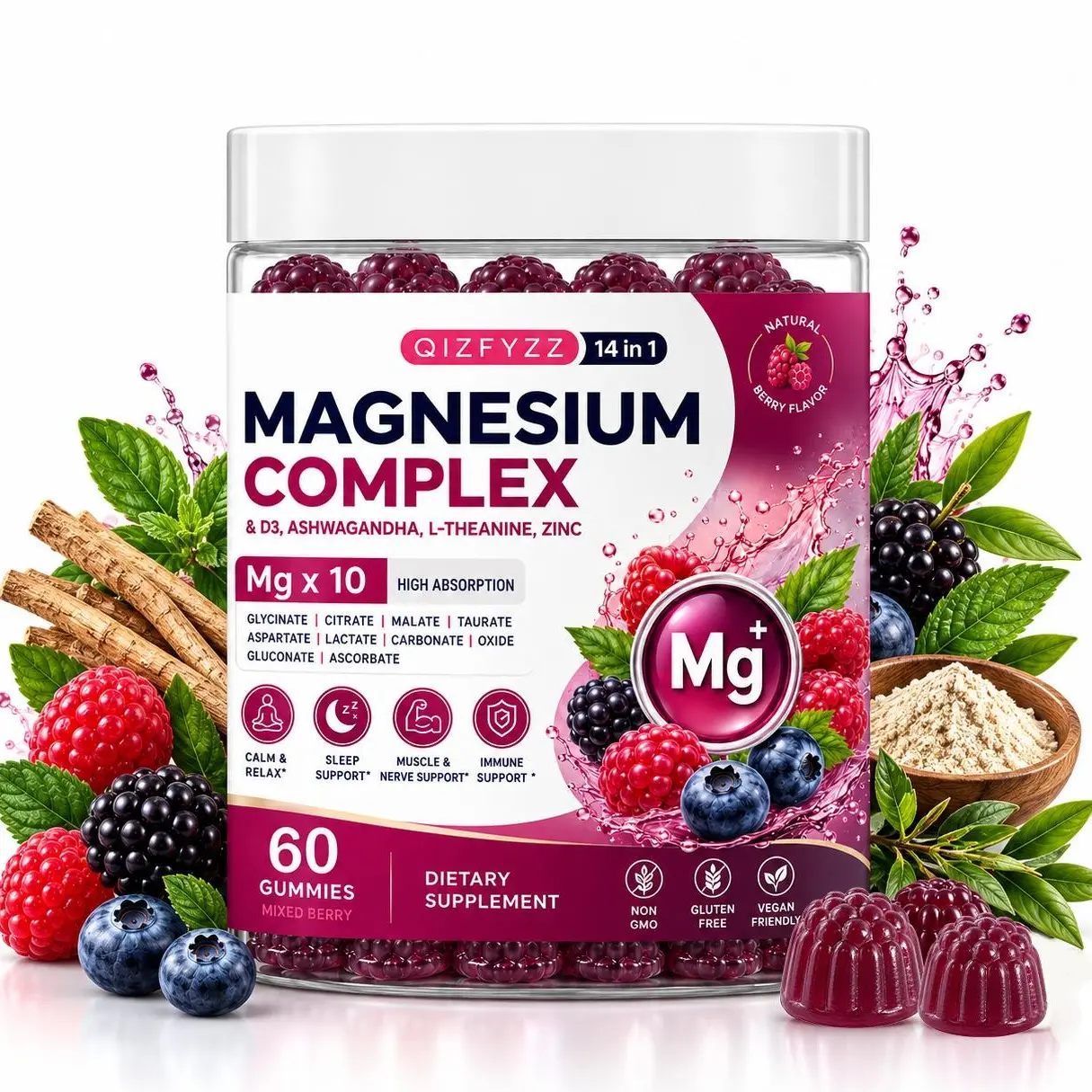 QIZFYZZ Magnesium Complex Dietary Supplement Gummies - 14-in-1 Anxiety Management Sleep Supplements with Magnesium Glycinate, Citrate, Malate, Taurate, D3, Ashwagandha, L-Theanine, Zinc, Mixed Berry Flavor, 60 Pieces