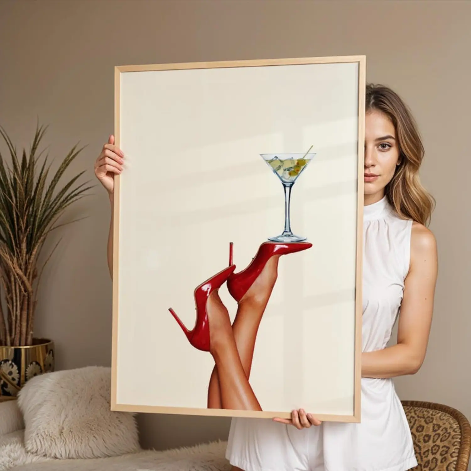 Artistic Vintage Martini & Red High Heels Unframed Wood Poster - Canvas Wall Art, Cocktail Bar Cart Decor, Wardrobe-Inspired Plaid Polka Dot Houndstooth Home Supply Gift, Home Supplies