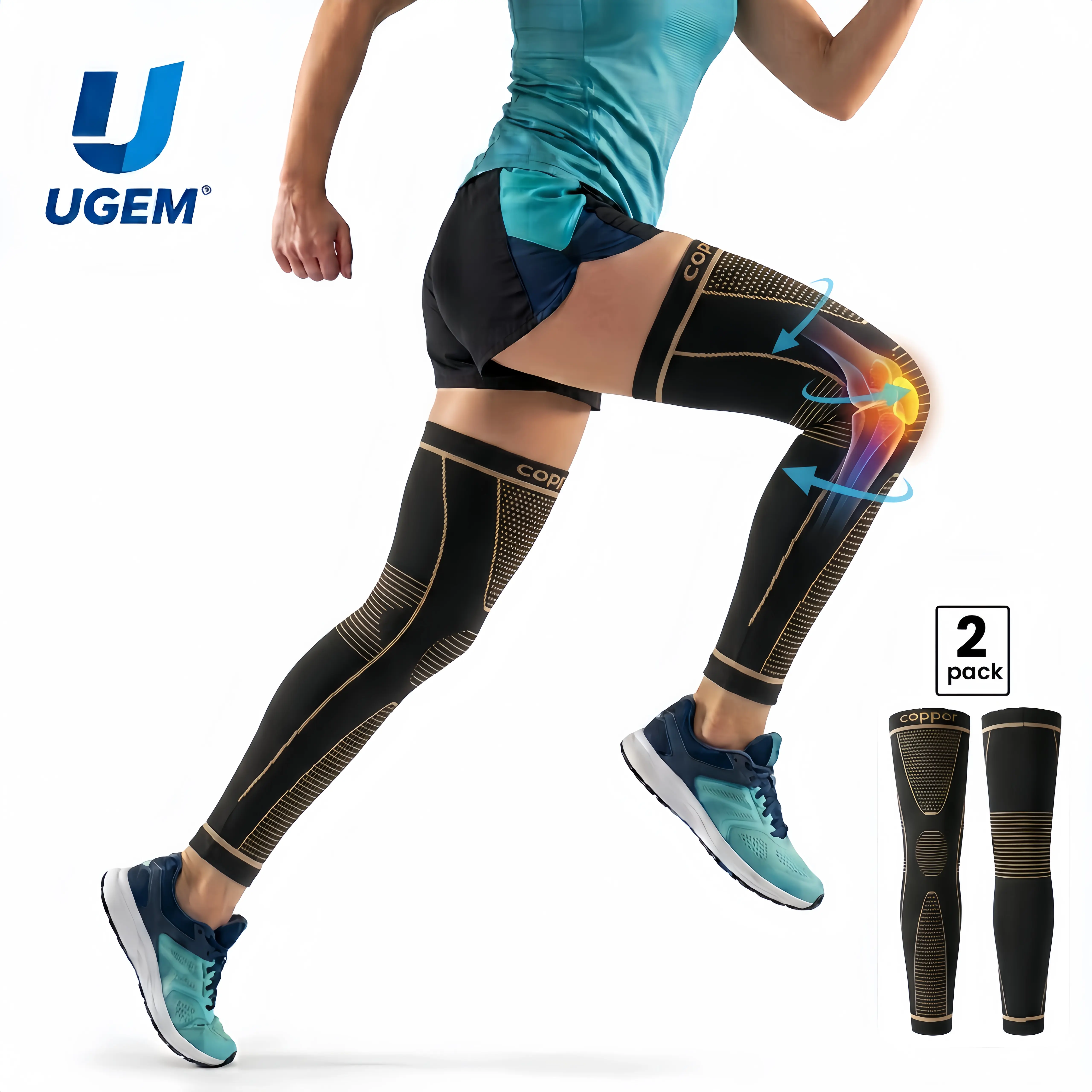 UGEM Copper Knee Brace Footless Long Full Leg Sleeve for Men & Women - Workout, varicose vein , Compression Athletic, High Compression, Sports Socks for Knee & Calf Pain Relief, Circulation Support, Swollen Legs, Fitness, Workout Socks, Active Socks