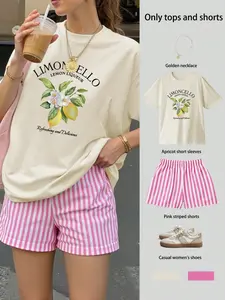 Women's Sweet Girl Style Limoncello Letter & Lemon Print Short Sleeve T-Shirt, Striped Shorts Set, Casual Fashion