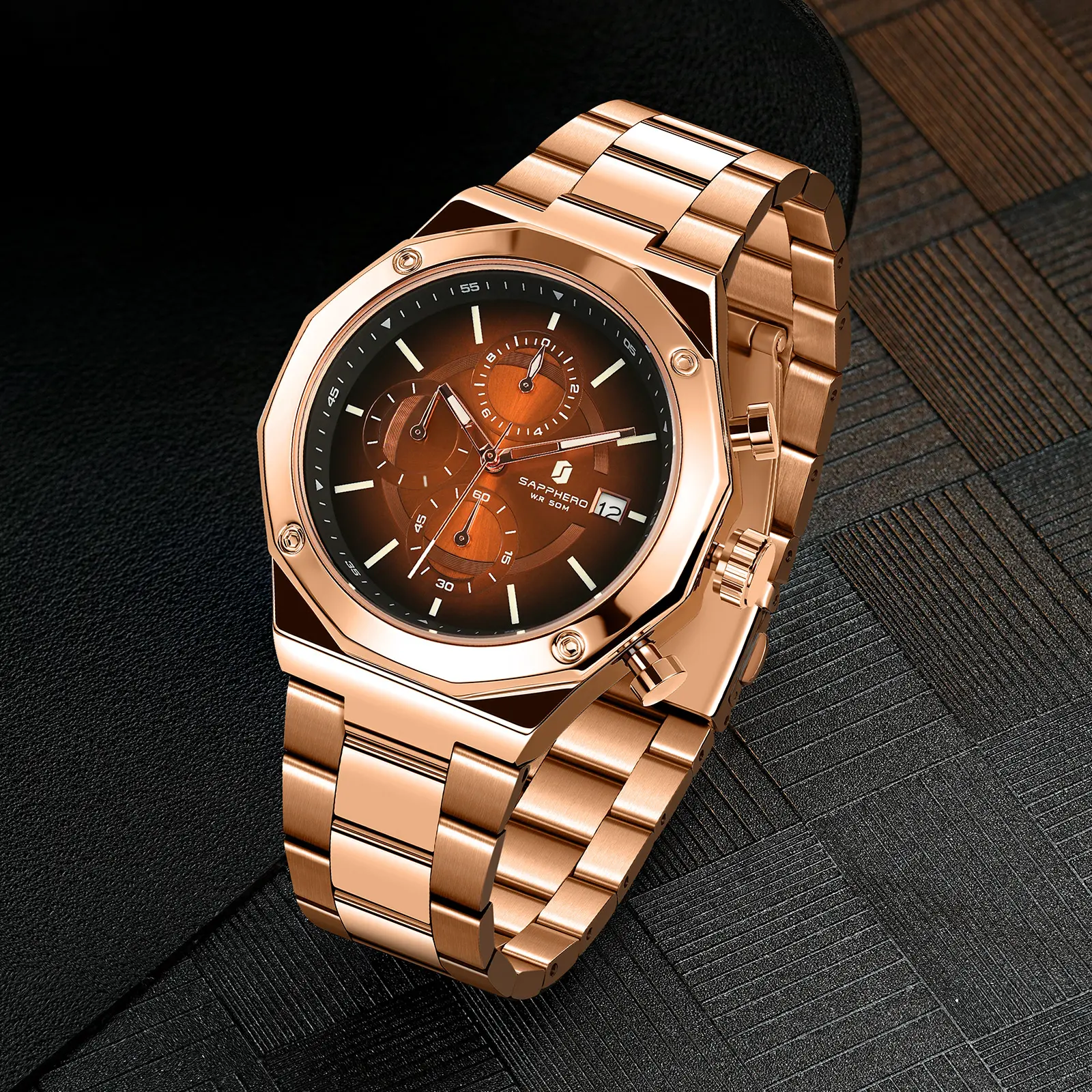 SAPPHERO Men's Quartz Analog Wristwatch, Business Casual Stainless Steel Chronograph with Sun Dial, Waterproof with Luminescent Hands, Round Face, Casual/Work, Luxury Quartz Watches, Masculine Wrist Watches, 30M, Stainless Steel Wrist Watches