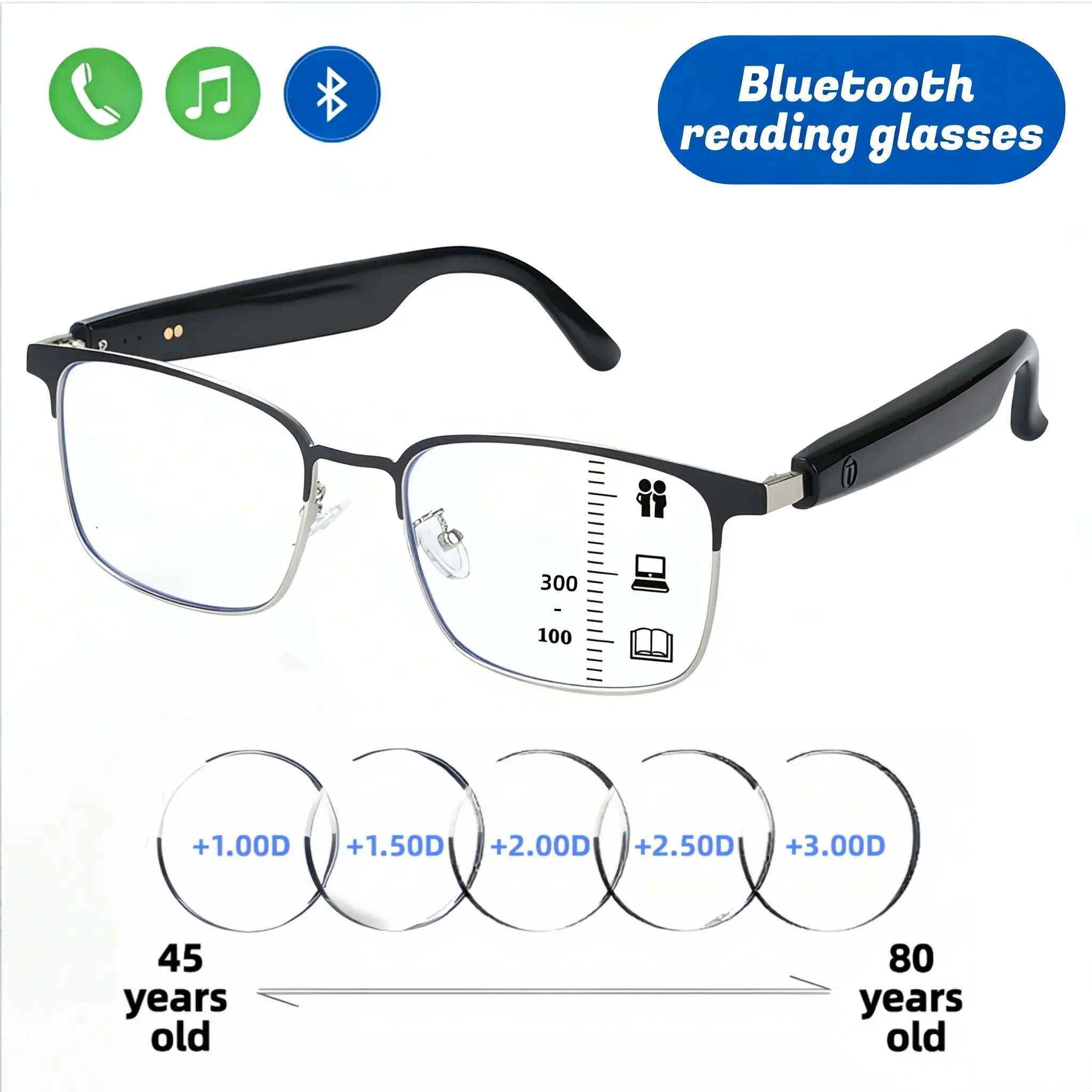 VUB Smart Glasses - Bluetooth Rechargeable Lens Digital Smart Glasses for Seniors, Anti-Blue Light Eye-Friendly, Stereo Sound, Hands-Free Calling, Music Playback, Ideal Gift for Parents