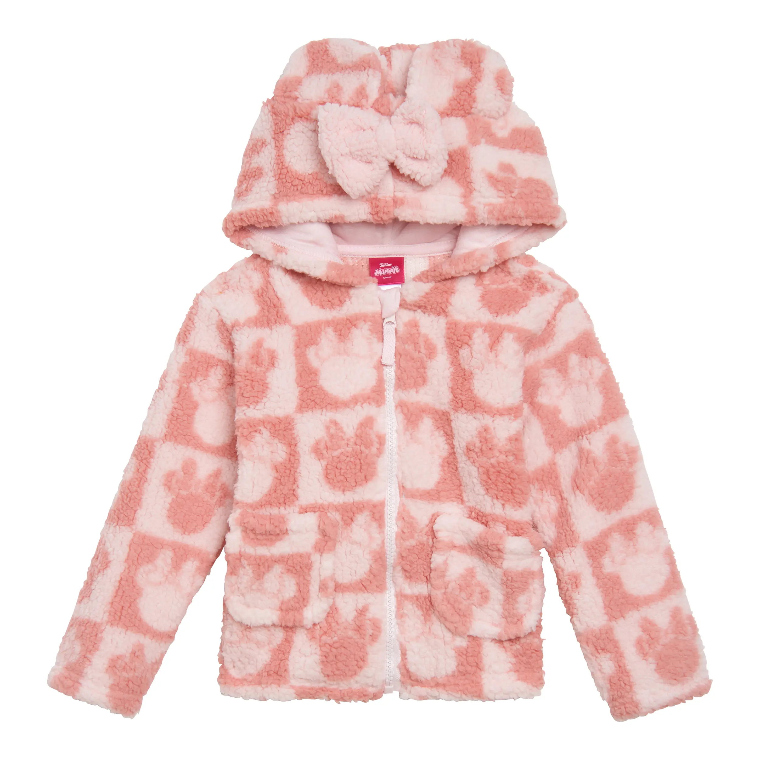 Disney Minnie Mouse Little Girl's Long Sleeve Plaid Allover Print Padded Sherpa Fleece Zip-Up Hoodie/Jumper, Jersey Lined Blush Pink, Toddler-Kid Sizes (3T,4T,3-4Yrs), Kids Style Cartoon Style, 3D Ears, Cozy Cool-Weather Wear