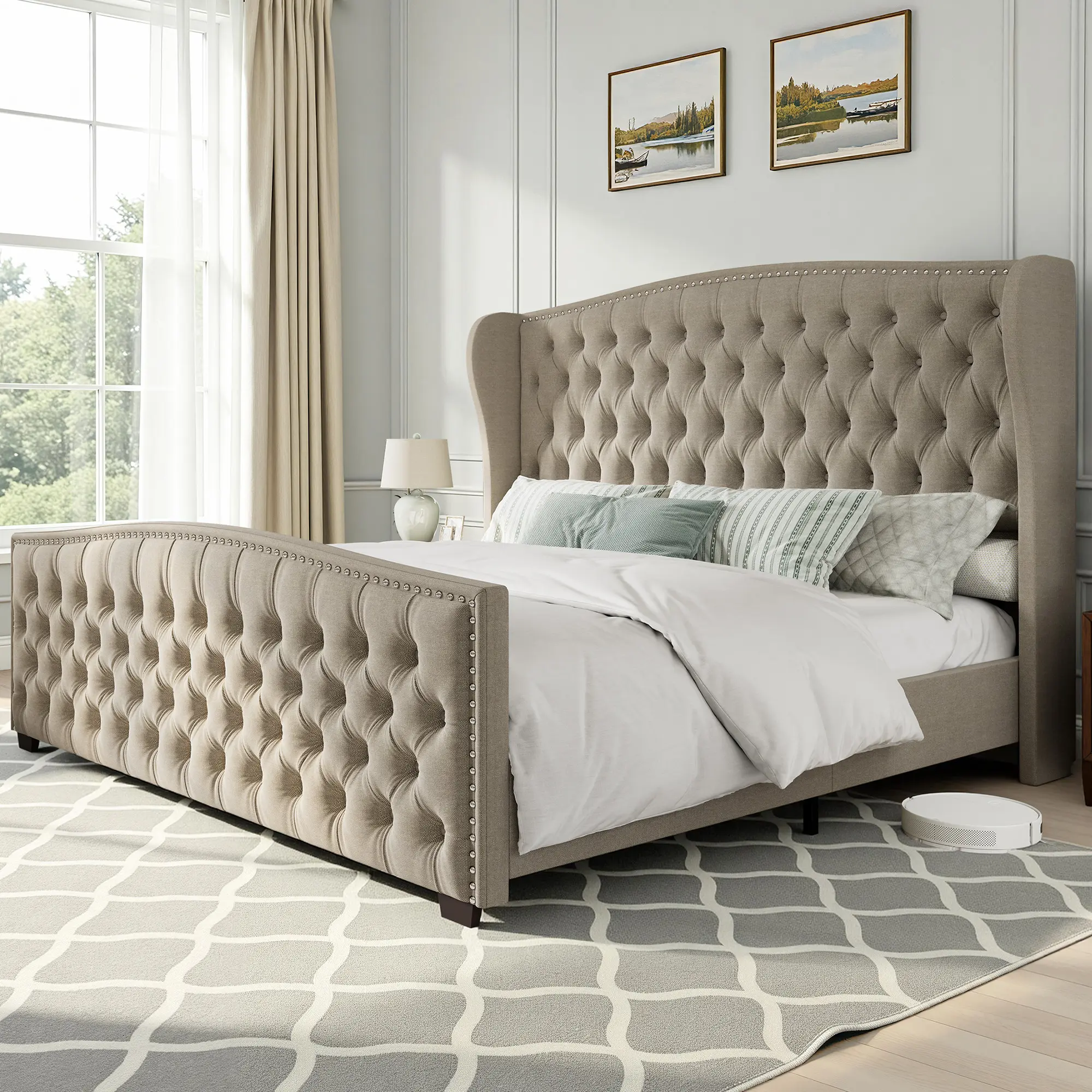 AMERLIFE Modern Bed Frame, Upholstered Bed with Deep Button Tufted & Nailhead Trim Wingback Headboard/No Box Spring Needed/Queen/King/California King Size/Christmas Gifts[tiktokshopbacktoschool][SohoChic]